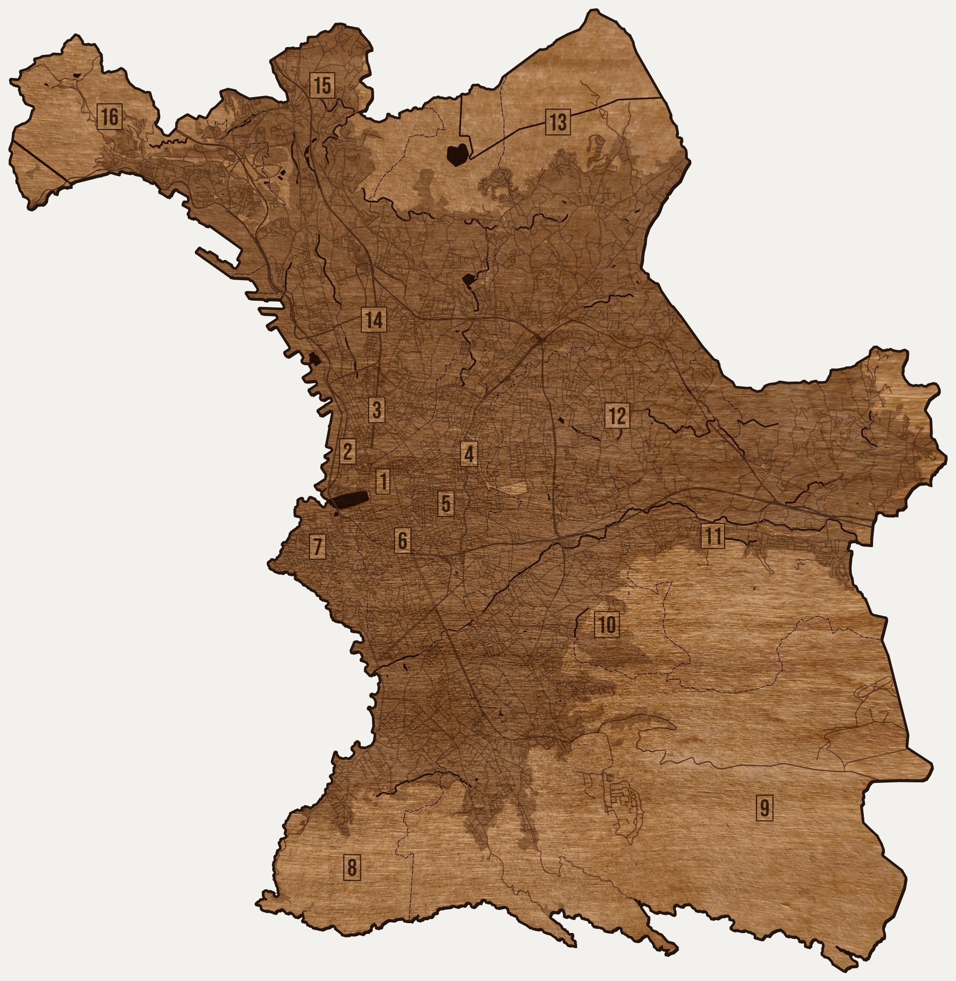 Drewniana mapa Marsylii na ścianę z jednego kawałka, granice dzielnic wygrawerowane
