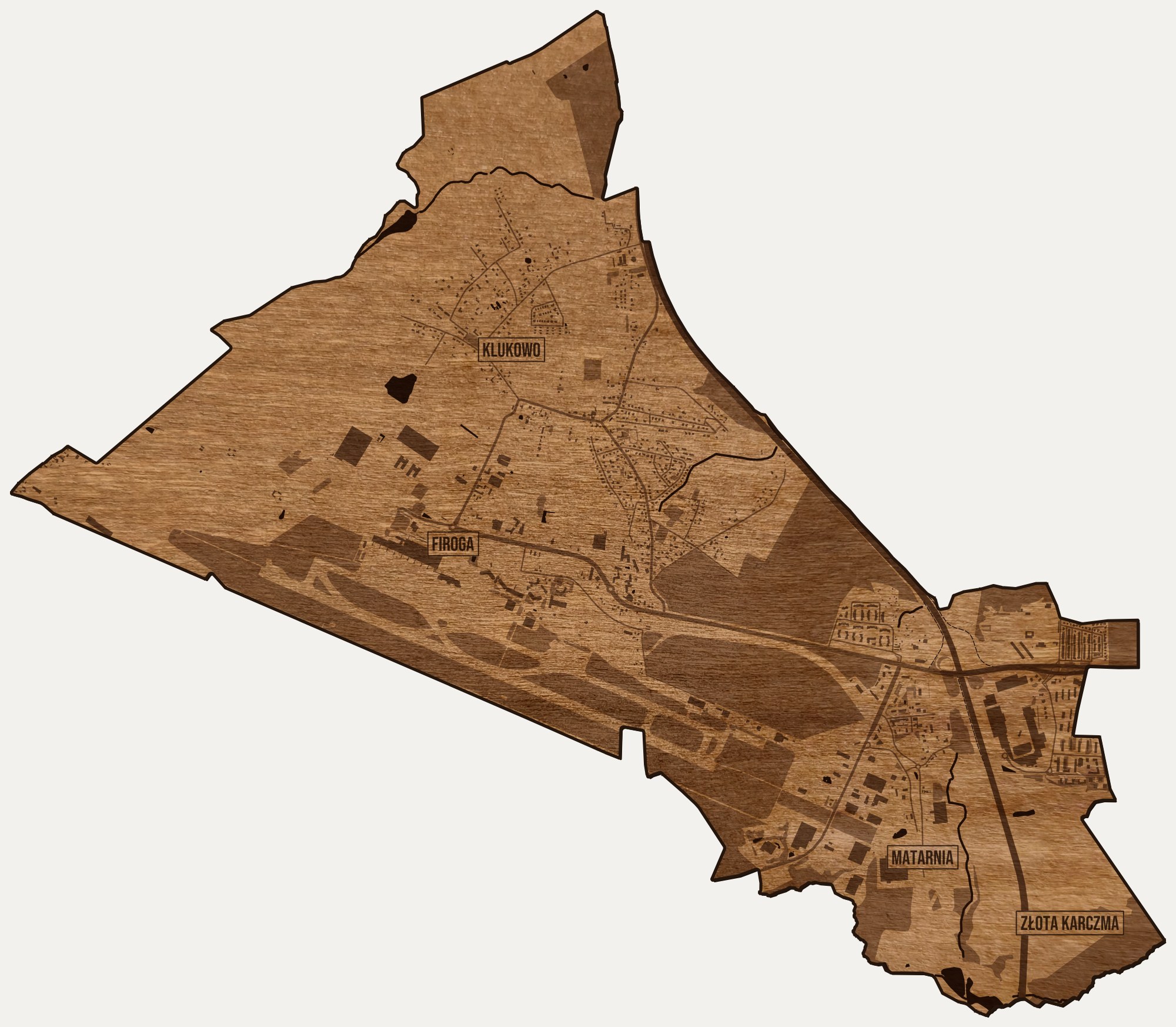 Drewniana mapa dzielnicy Matarnia (Gdańsk) na ścianę z jednego kawałka, granice osiedli wygrawerowane