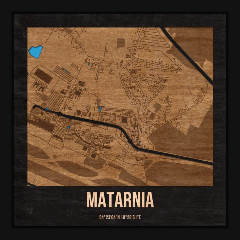 Matarnia (Gdańsk) - drewniana mapa dzielnicy z siatką ulic w ramce