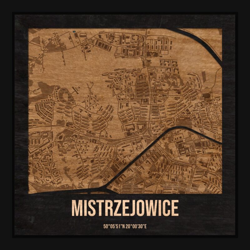 Mistrzejowice (Kraków) - drewniana mapa dzielnicy z siatką ulic w ramce