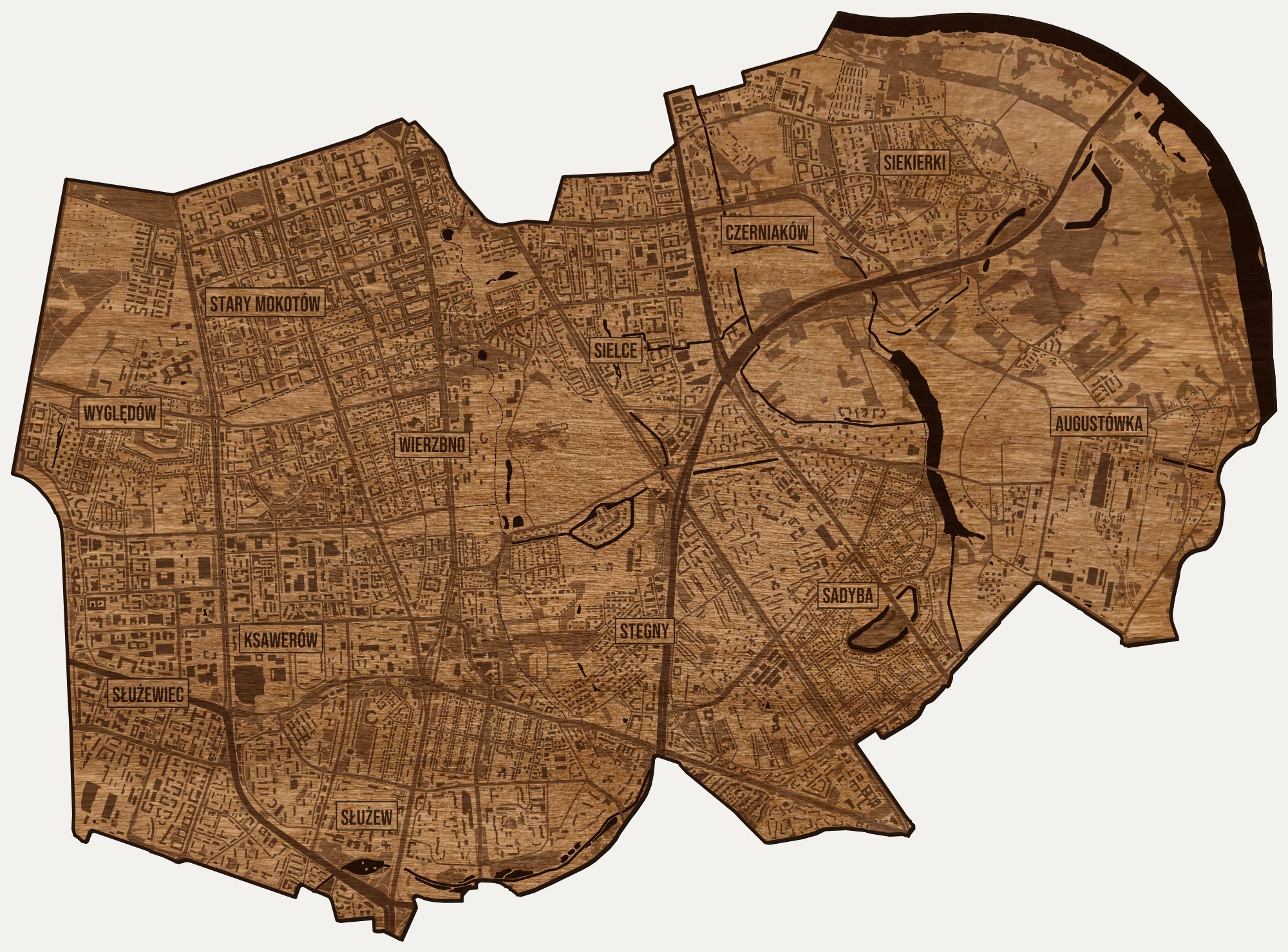 Drewniana mapa dzielnicy Mokotów (Warszawa) na ścianę z jednego kawałka, granice osiedli wygrawerowane