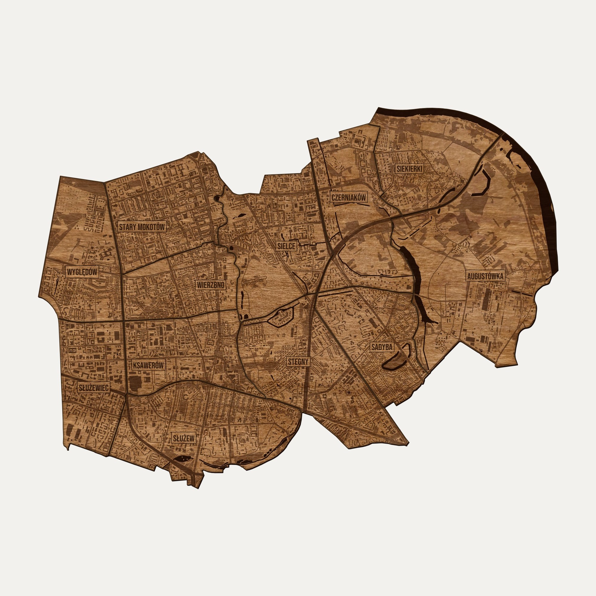 Mokotów (Warszawa) - drewniana mapa dzielnicy na ścianę