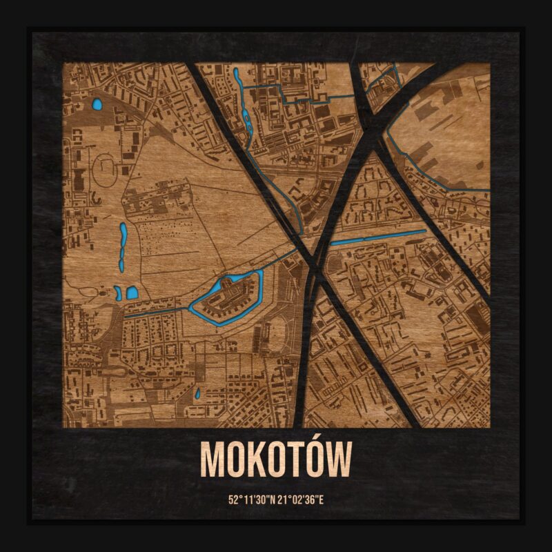 Mokotów (Warszawa) - drewniana mapa dzielnicy z siatką ulic w ramce