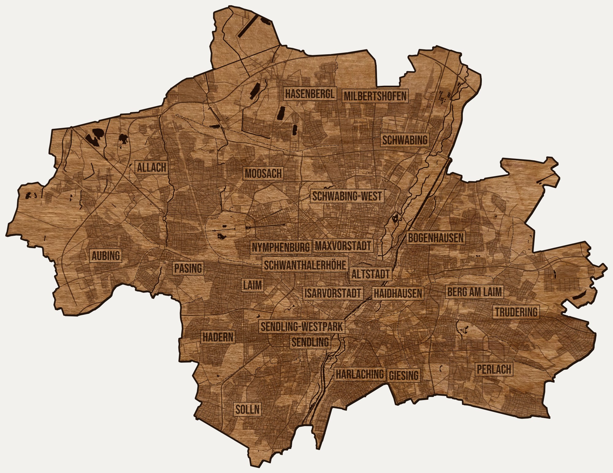 Drewniana mapa Monachium na ścianę z jednego kawałka, granice dzielnic wygrawerowane