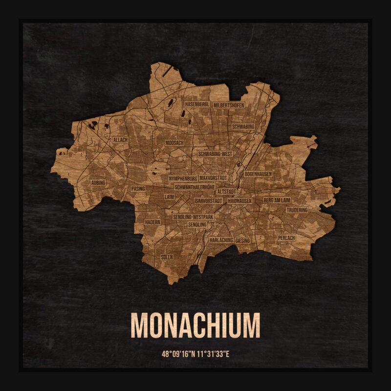 Drewniana mapa Monachium w ramce 25×25: kontur miasta na czarnej płycie, ulice, zabudowa, rzeki, granice i nazwy dzielnic
