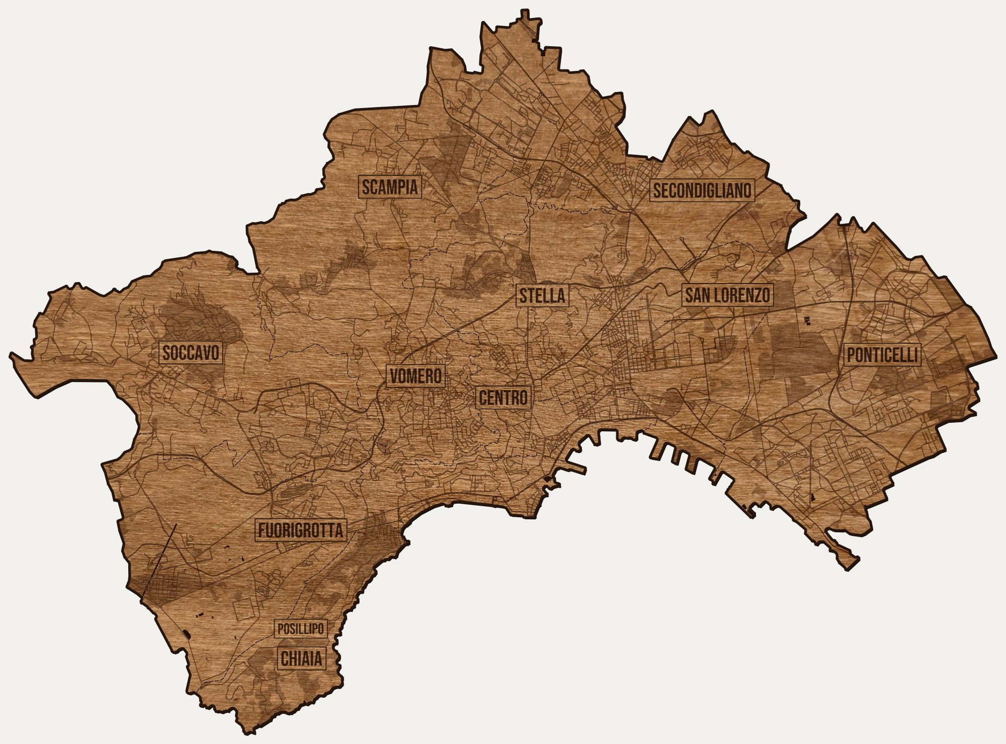 Drewniana mapa Neapolu na ścianę z jednego kawałka, granice dzielnic wygrawerowane