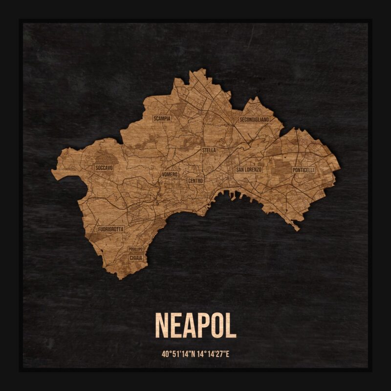 Drewniana mapa Neapolu w ramce 25×25: kontur miasta na czarnej płycie, ulice, zabudowa, rzeki, granice i nazwy dzielnic