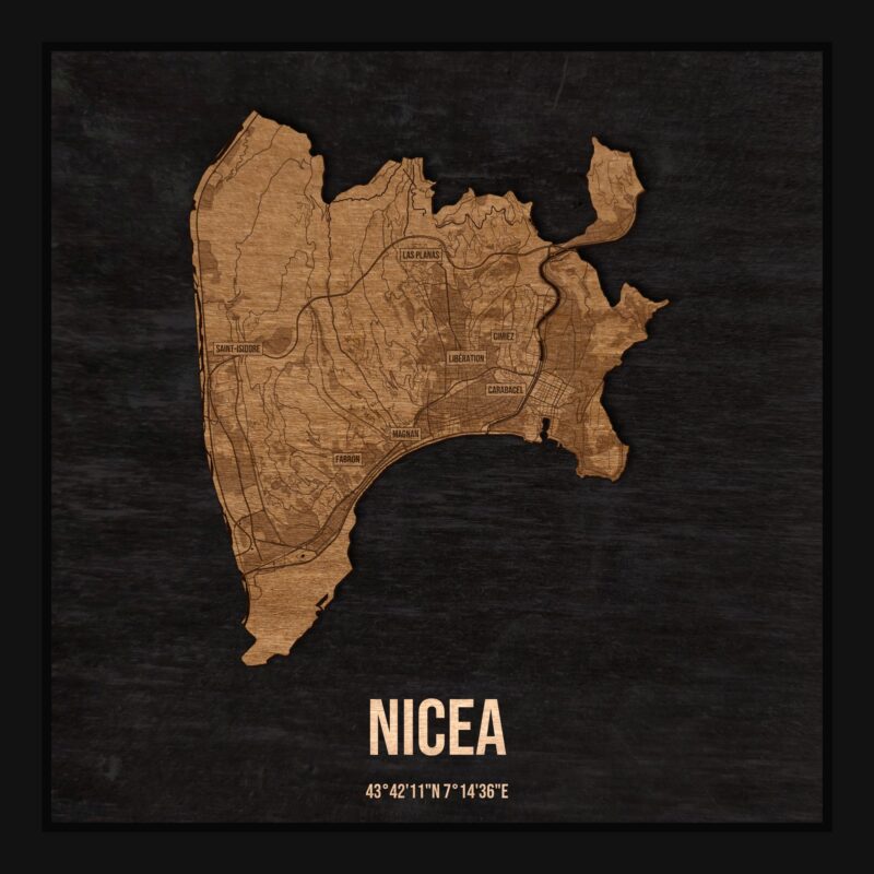 Drewniana mapa Nicei w ramce 25×25: kontur miasta na czarnej płycie, ulice, zabudowa, rzeki, granice i nazwy dzielnic