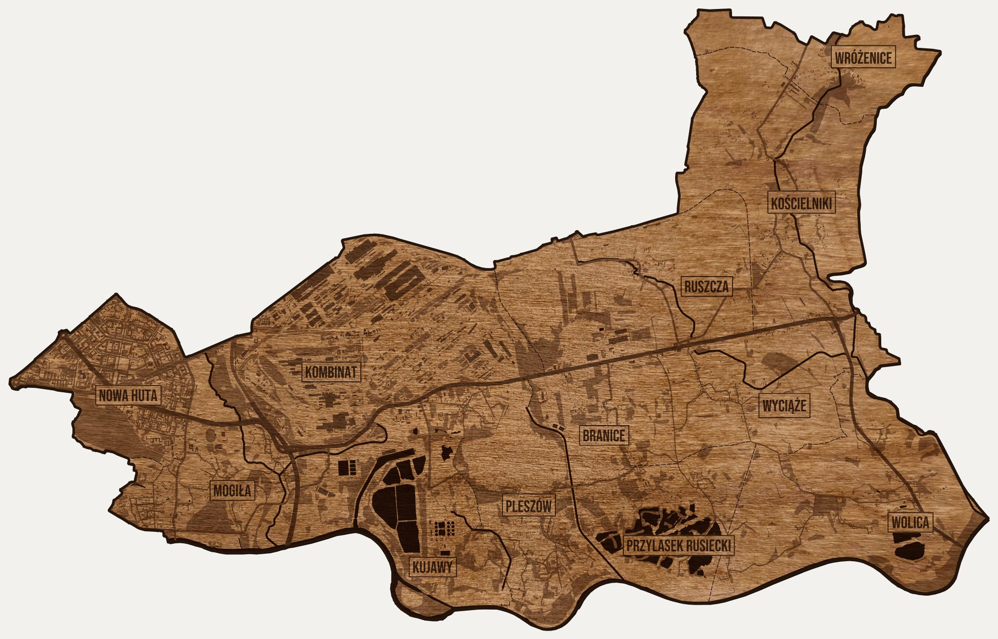 Drewniana mapa dzielnicy Nowa Huta (Kraków) na ścianę z jednego kawałka, granice osiedli wygrawerowane