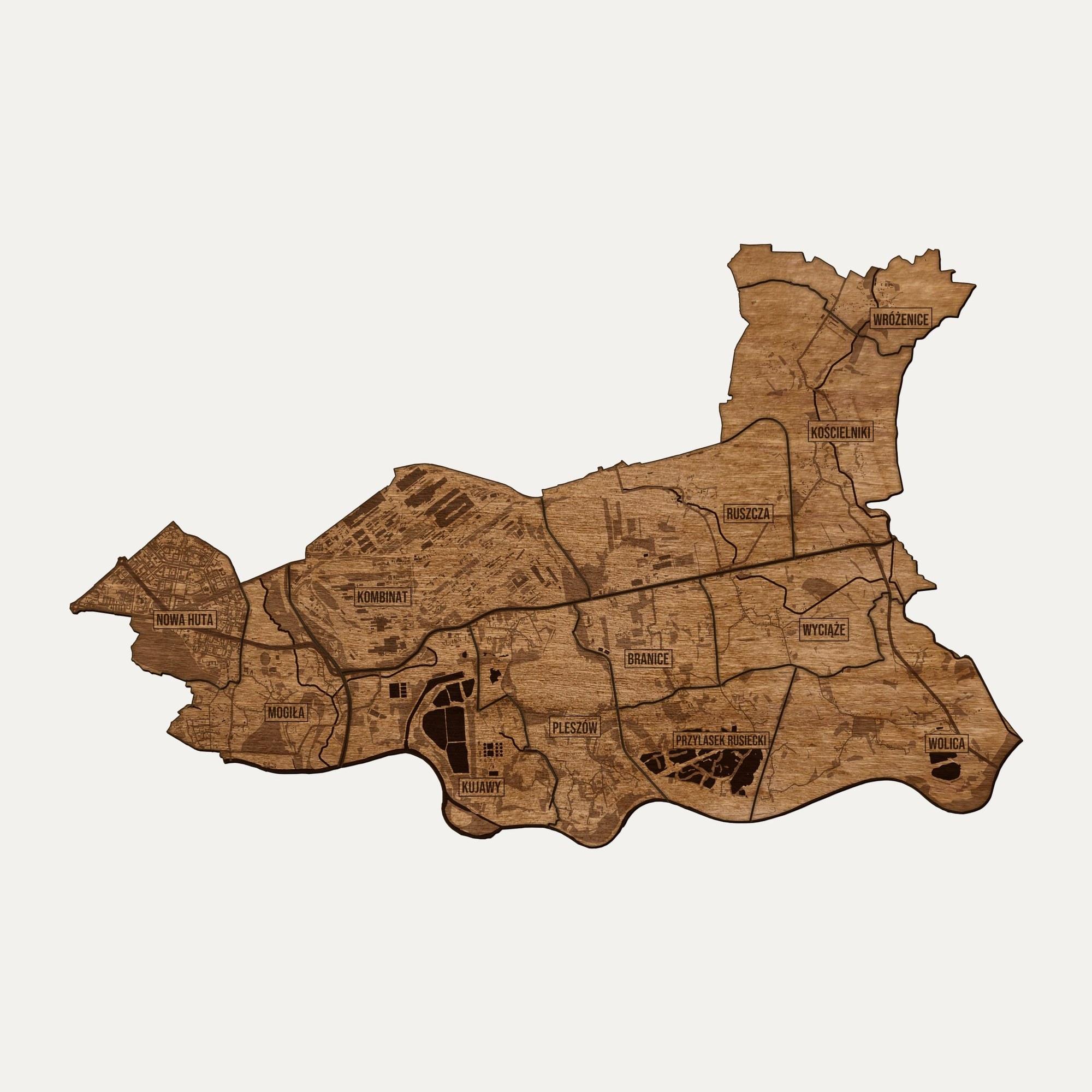 Nowa Huta (Kraków) - drewniana mapa dzielnicy na ścianę
