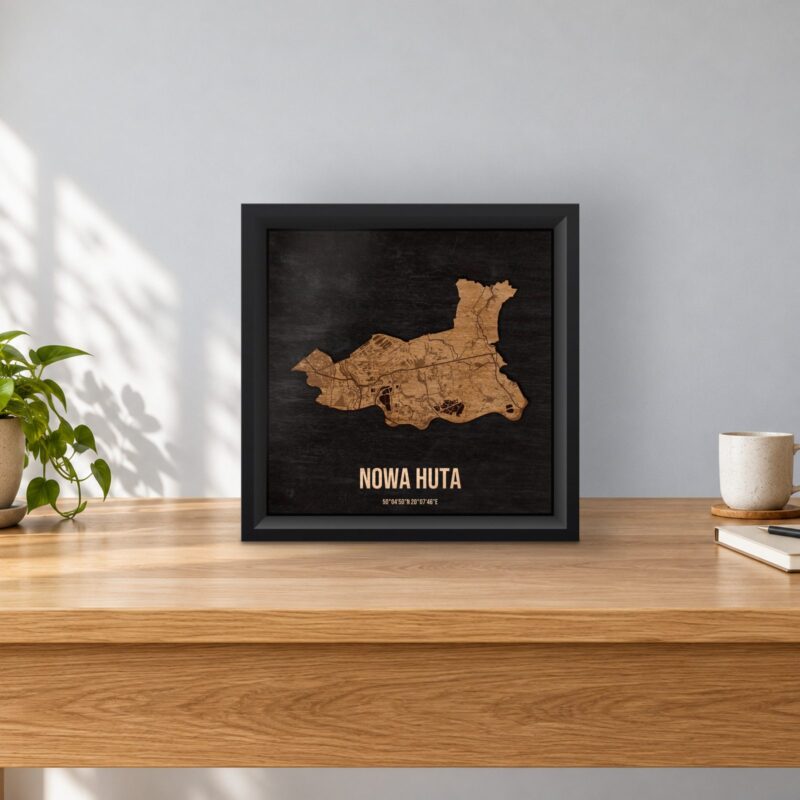 Nowa Huta (Kraków) - drewniana mapa dzielnicy w ramce