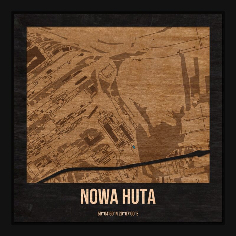 Nowa Huta (Kraków) - drewniana mapa dzielnicy z siatką ulic w ramce