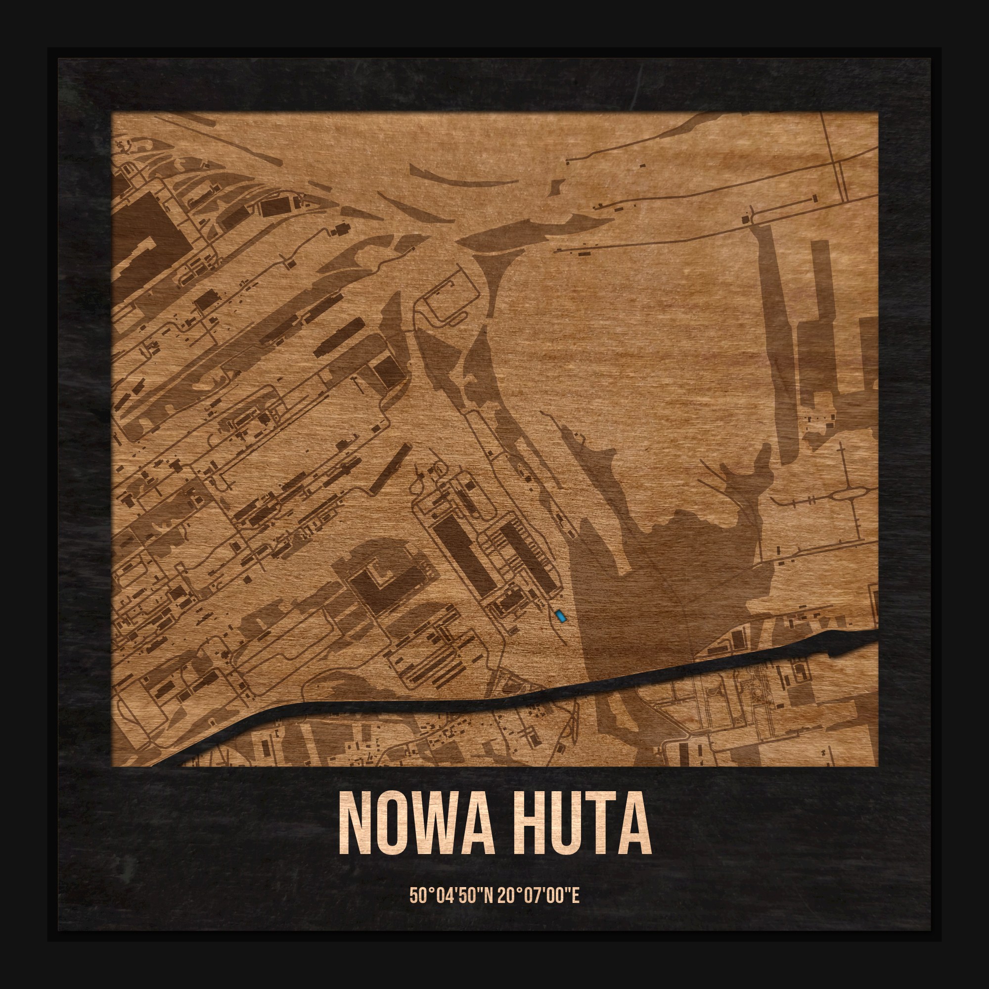 Nowa Huta (Kraków) - drewniana mapa dzielnicy z siatką ulic w ramce