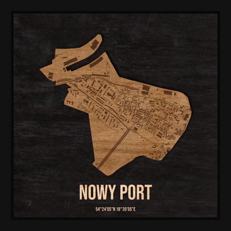 Drewniana mapa dzielnicy Nowy Port w ramce 25×25: kontur dzielnicy na czarnej płycie, ulice, budynki, zieleń i woda
