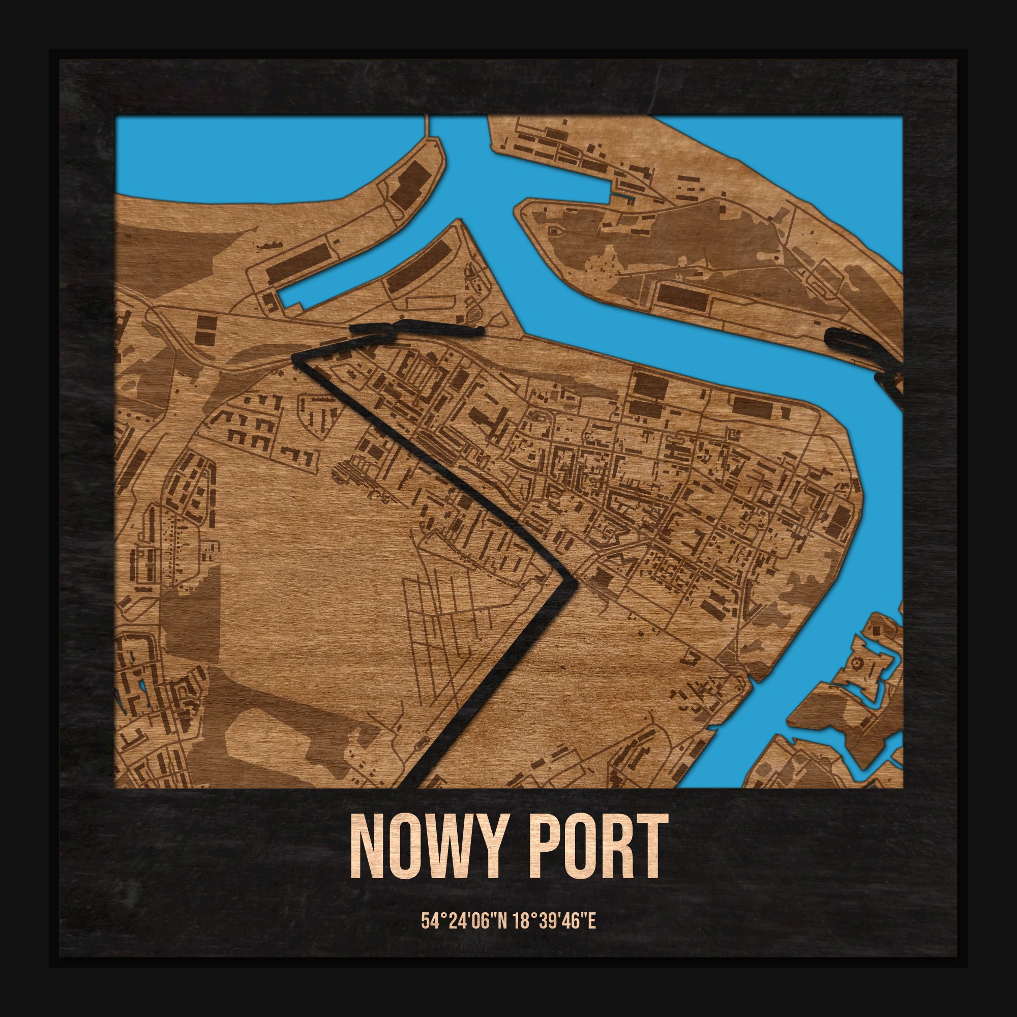 Nowy Port (Gdańsk) - drewniana mapa dzielnicy z siatką ulic w ramce