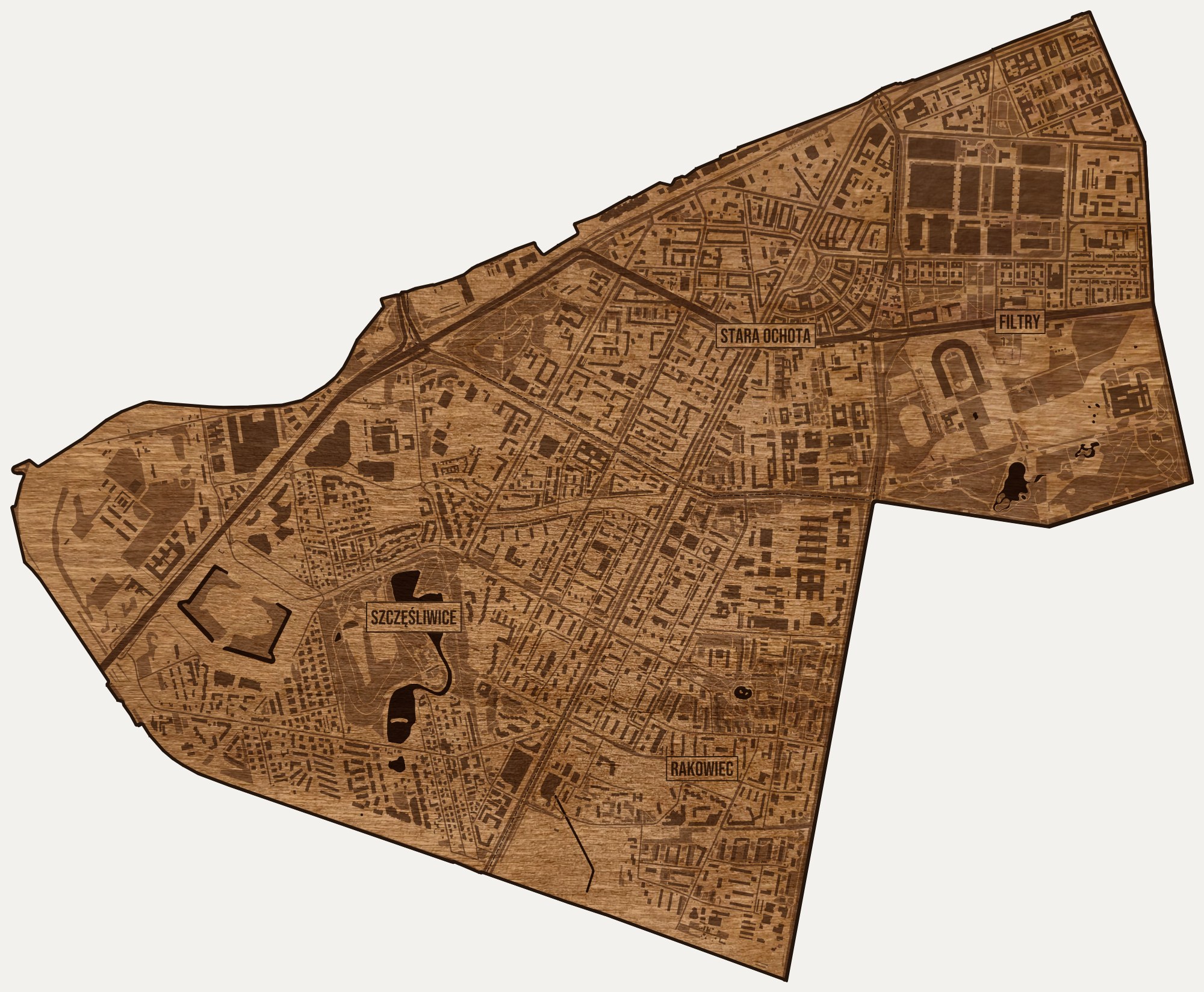 Drewniana mapa dzielnicy Ochota (Warszawa) na ścianę z jednego kawałka, granice osiedli wygrawerowane