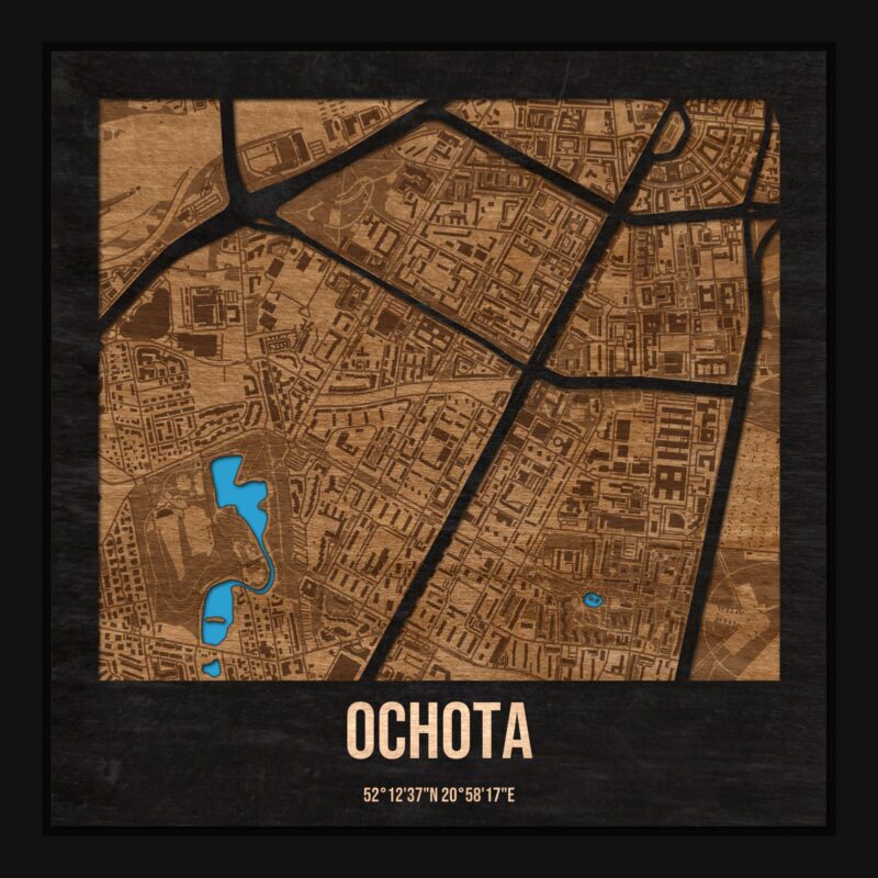 Ochota (Warszawa) - drewniana mapa dzielnicy z siatką ulic w ramce