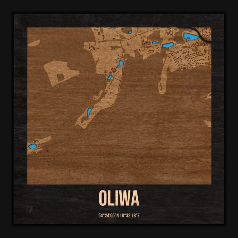 Oliwa (Gdańsk) - drewniana mapa dzielnicy z siatką ulic w ramce