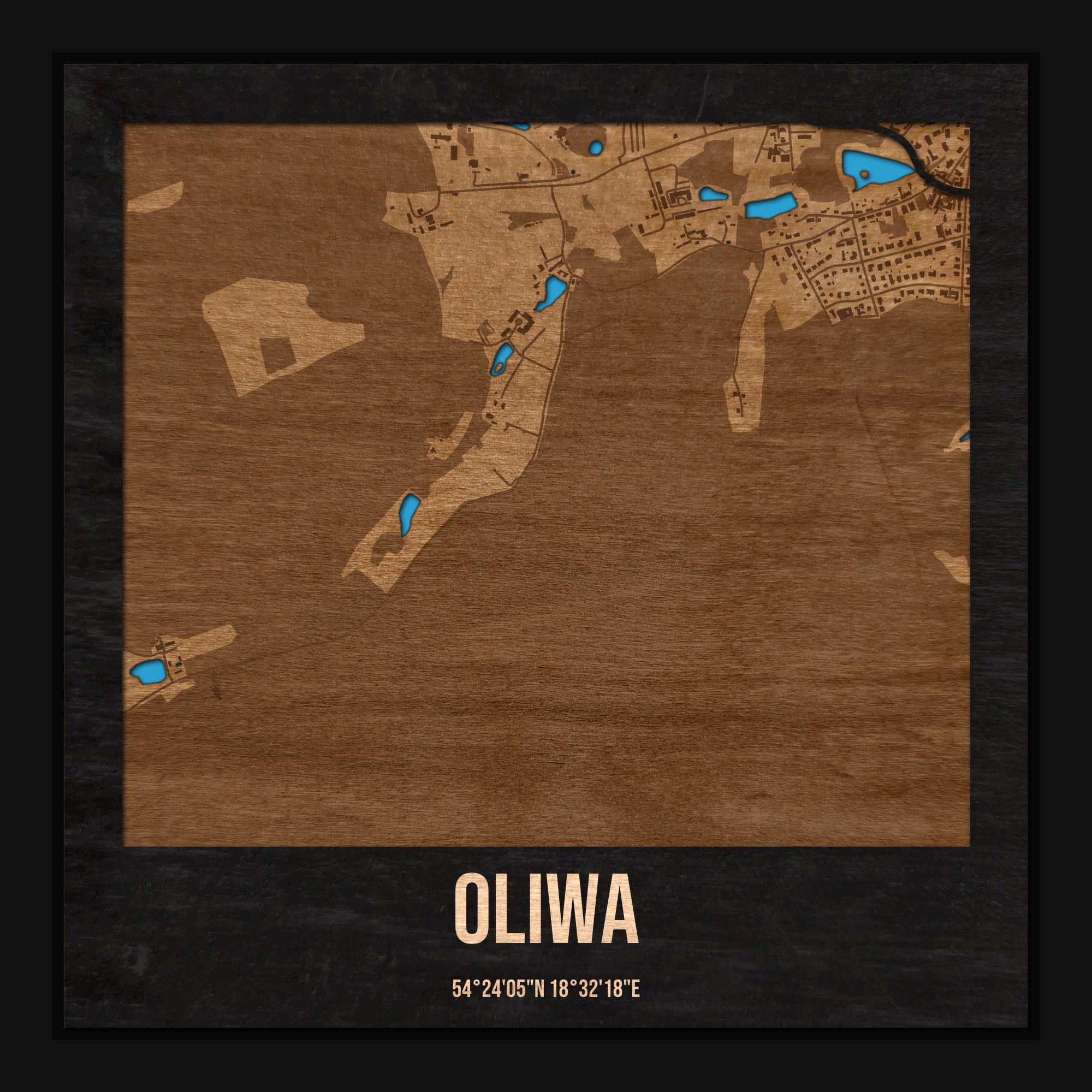 Oliwa (Gdańsk) - drewniana mapa dzielnicy z siatką ulic w ramce