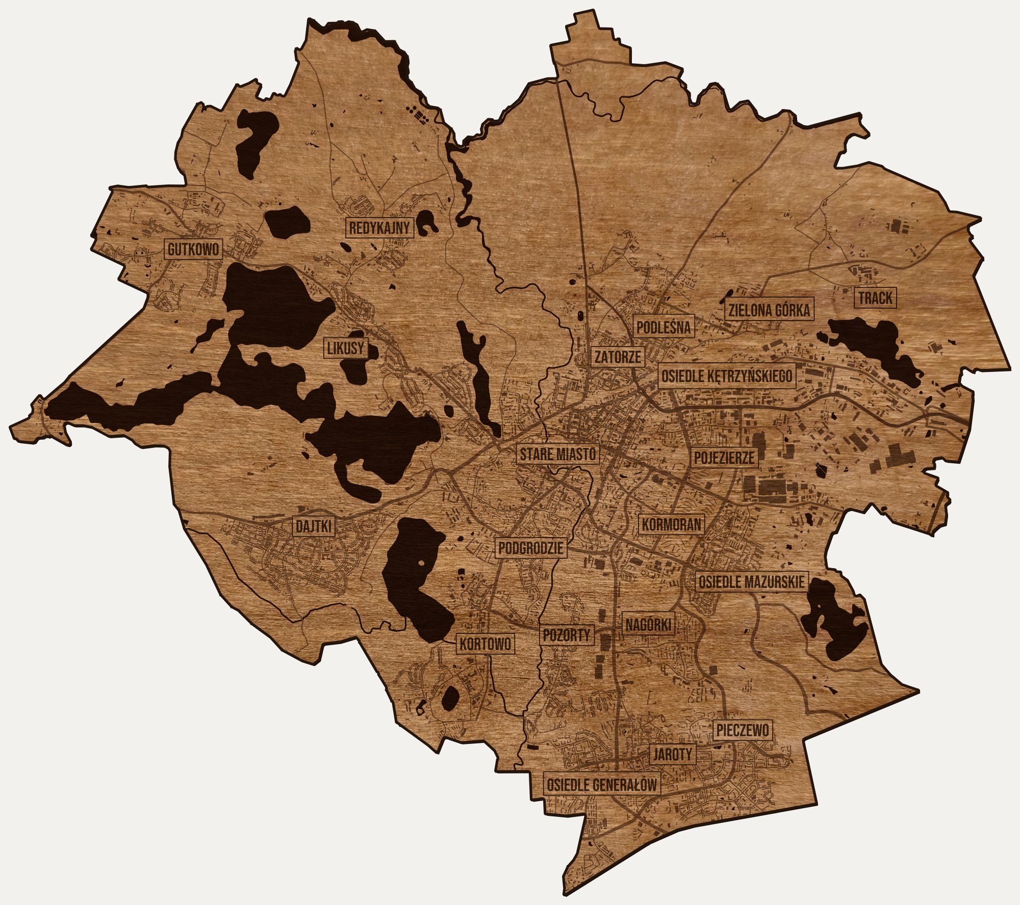 Drewniana mapa Olsztyna na ścianę z jednego kawałka, granice dzielnic wygrawerowane