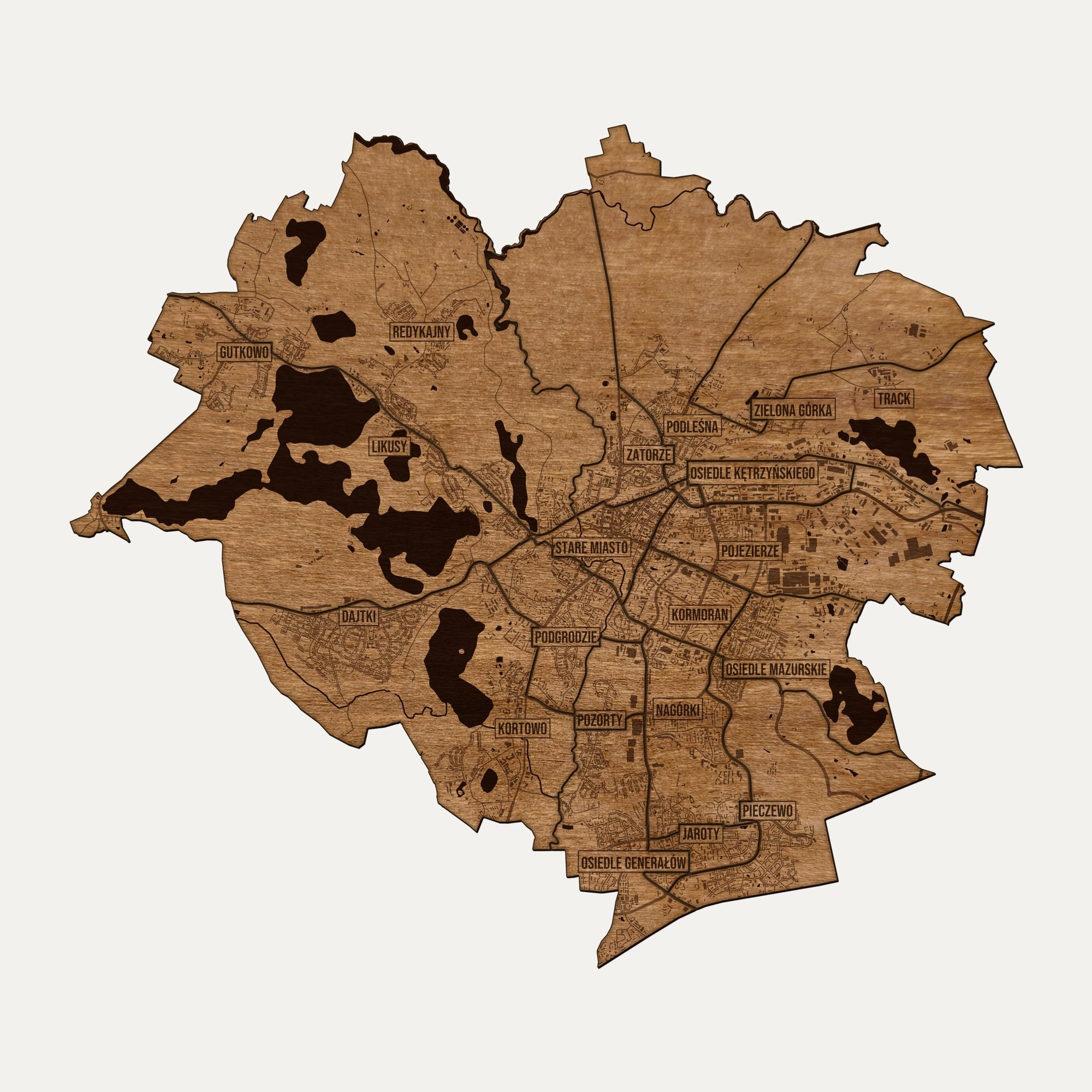 Olsztyn - drewniana mapa miasta na ścianę