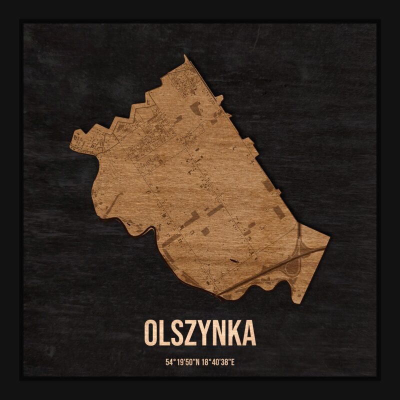 Drewniana mapa dzielnicy Olszynka w ramce 25×25: kontur dzielnicy na czarnej płycie, ulice, budynki, zieleń i woda