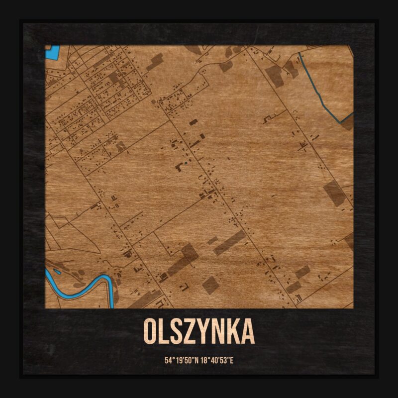 Olszynka (Gdańsk) - drewniana mapa dzielnicy z siatką ulic w ramce