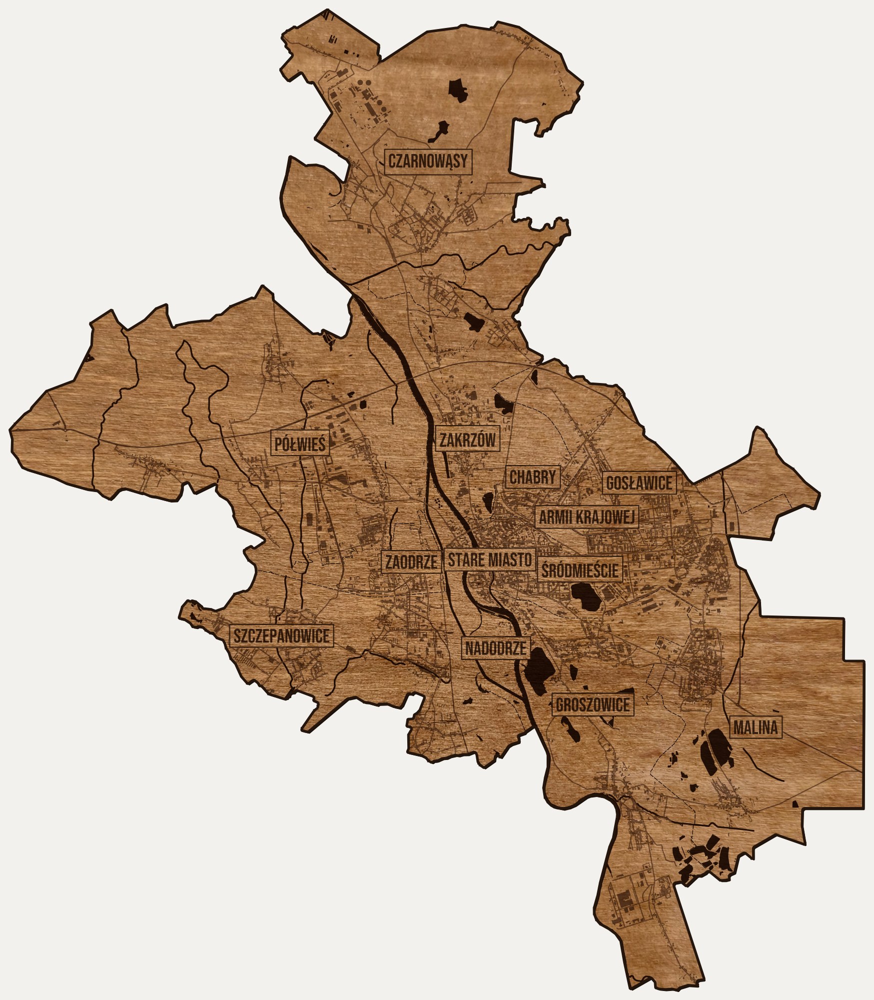Drewniana mapa Opola na ścianę z jednego kawałka, granice dzielnic wygrawerowane