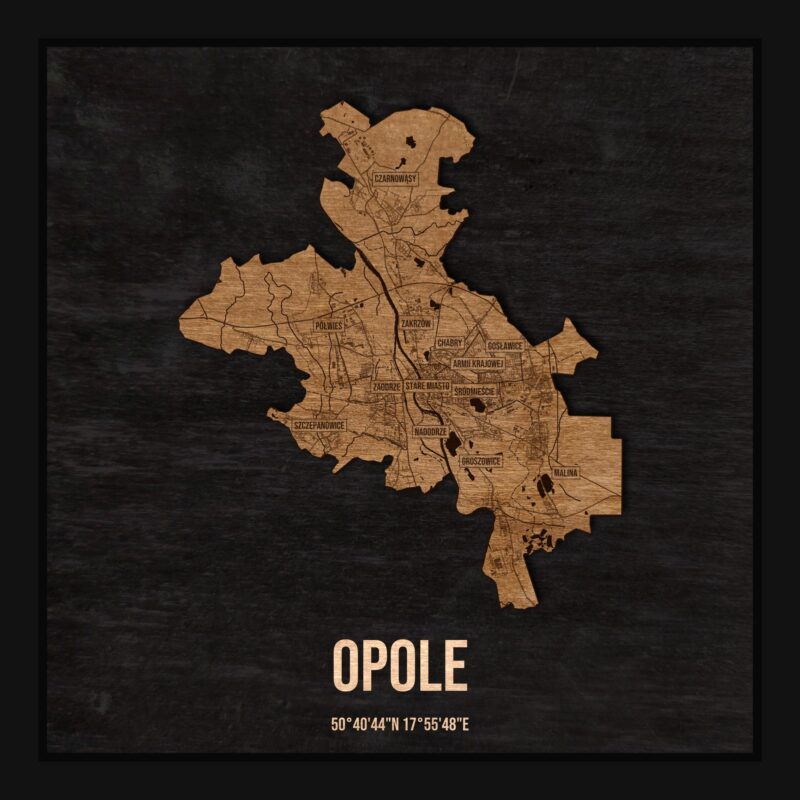 Drewniana mapa Opola w ramce 25×25: kontur miasta na czarnej płycie, ulice, budynki, rzeki, granice i nazwy dzielnic