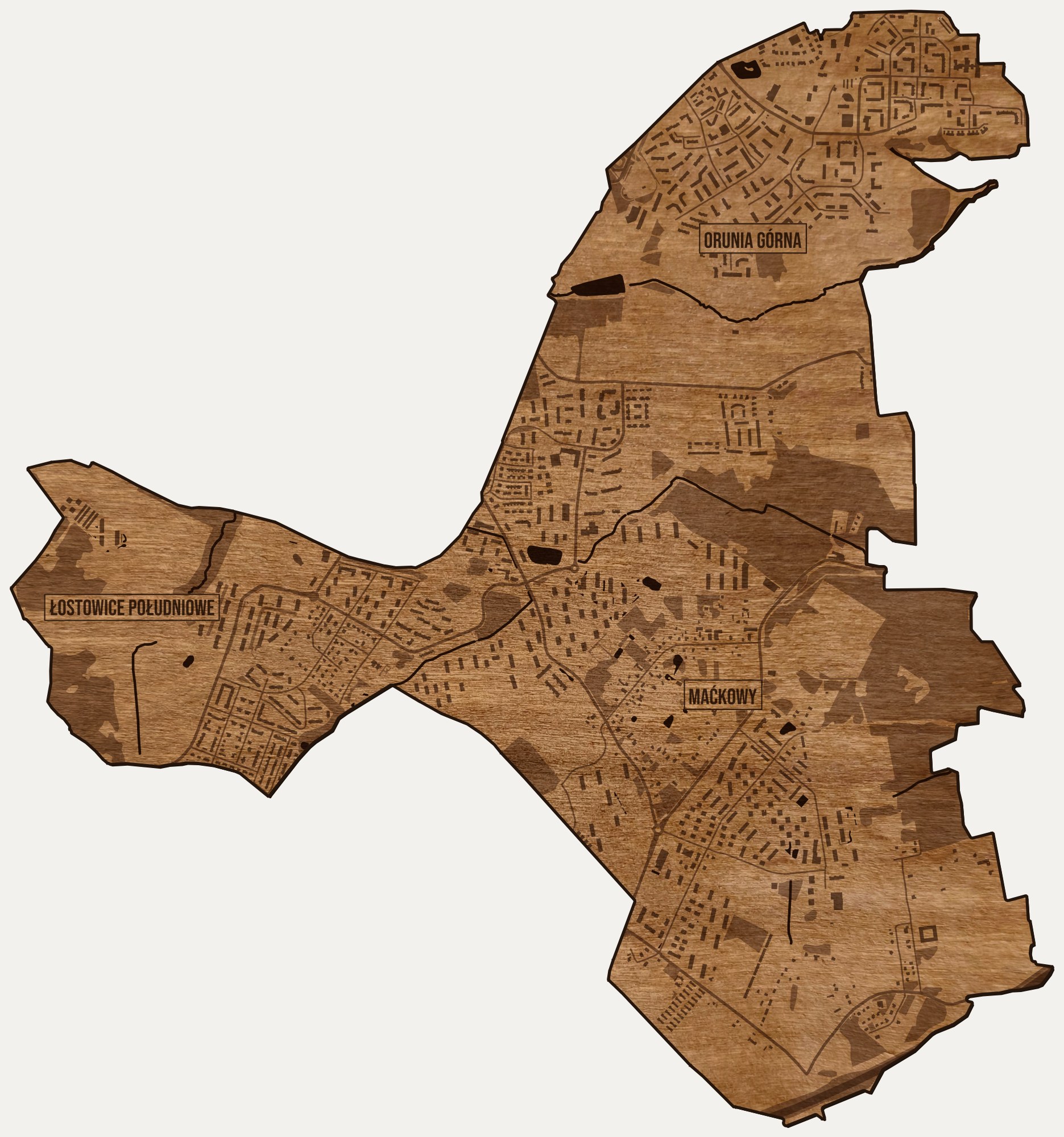 Drewniana mapa dzielnicy Orunia Górna-Gdańsk Południe (Gdańsk) na ścianę z jednego kawałka, granice osiedli wygrawerowane