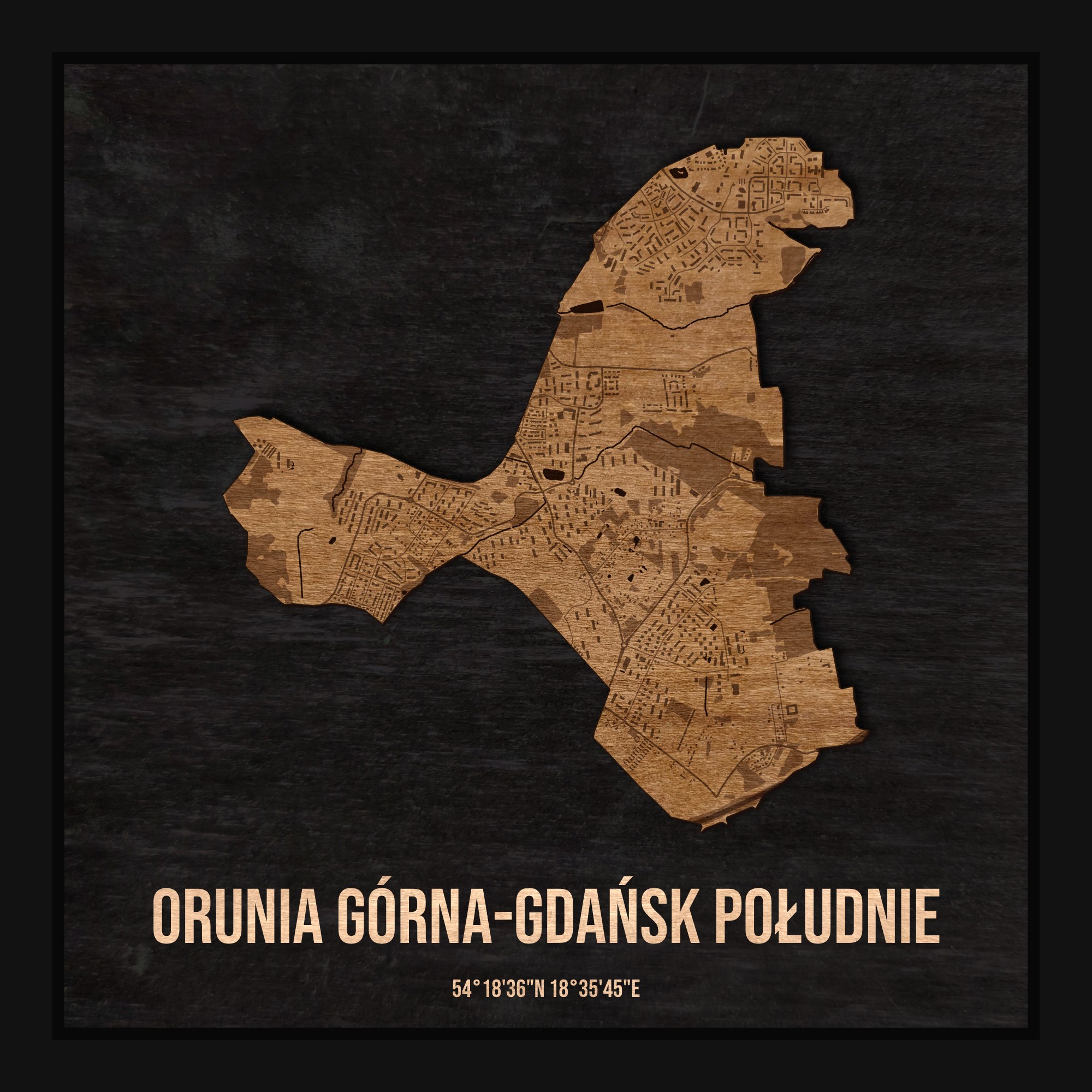 Drewniana mapa dzielnicy Orunia Górna-Gdańsk Południe w ramce 25×25: kontur dzielnicy na czarnej płycie, ulice, budynki, zieleń i woda