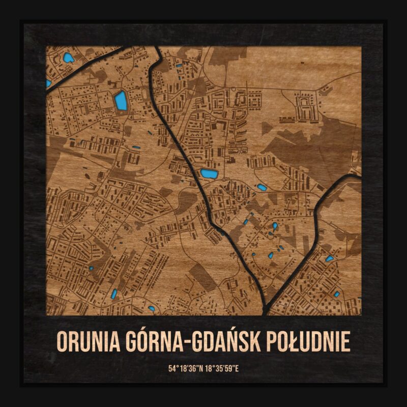 Orunia Górna-Gdańsk Południe (Gdańsk) - drewniana mapa dzielnicy z siatką ulic w ramce