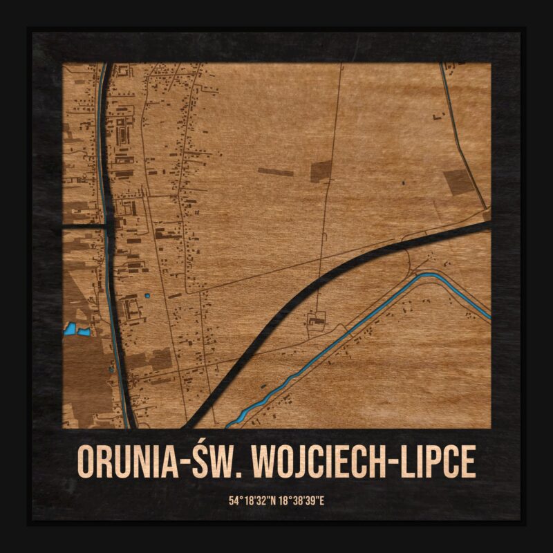 Orunia-Św. Wojciech-Lipce (Gdańsk) - drewniana mapa dzielnicy z siatką ulic w ramce