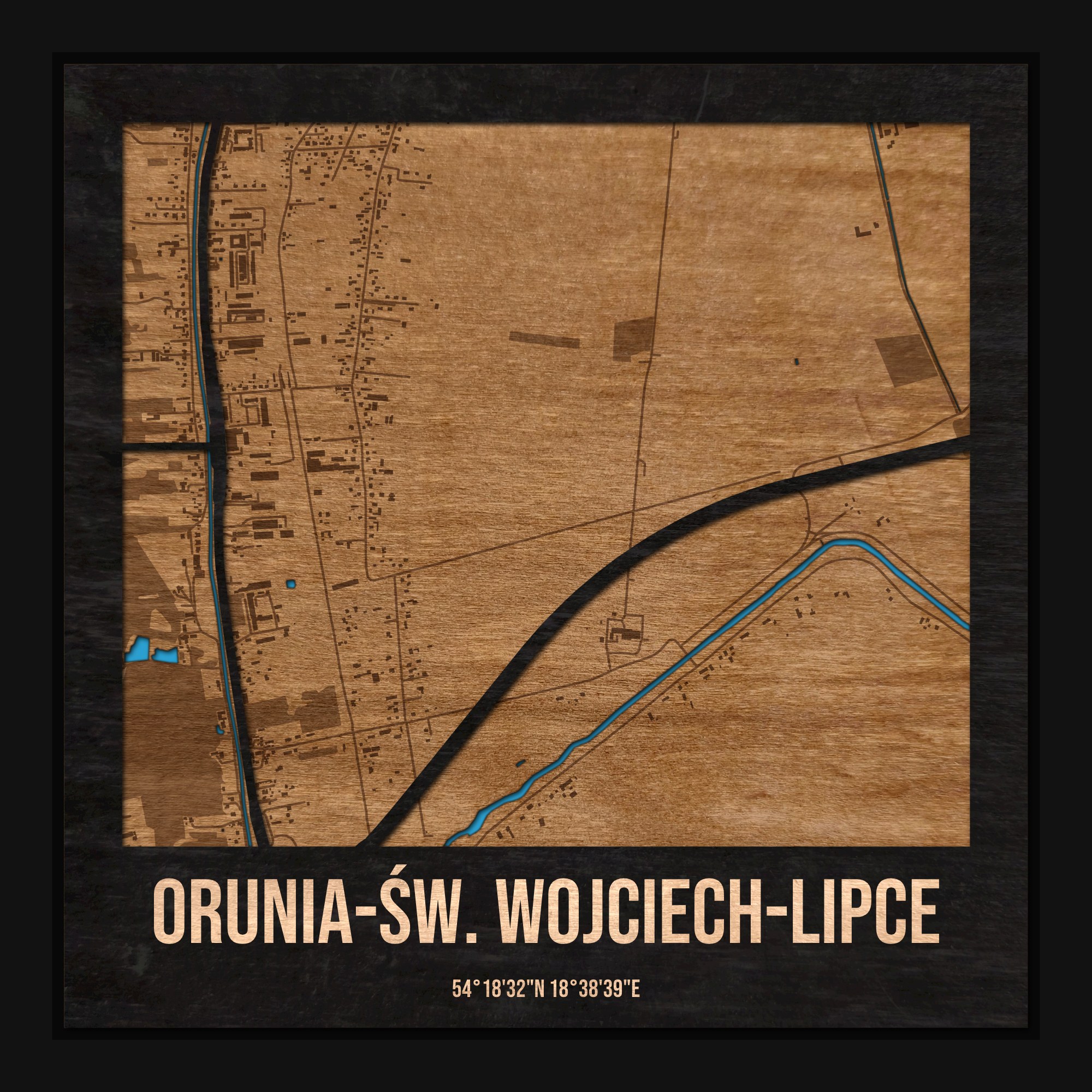 Orunia-Św. Wojciech-Lipce (Gdańsk) - drewniana mapa dzielnicy z siatką ulic w ramce
