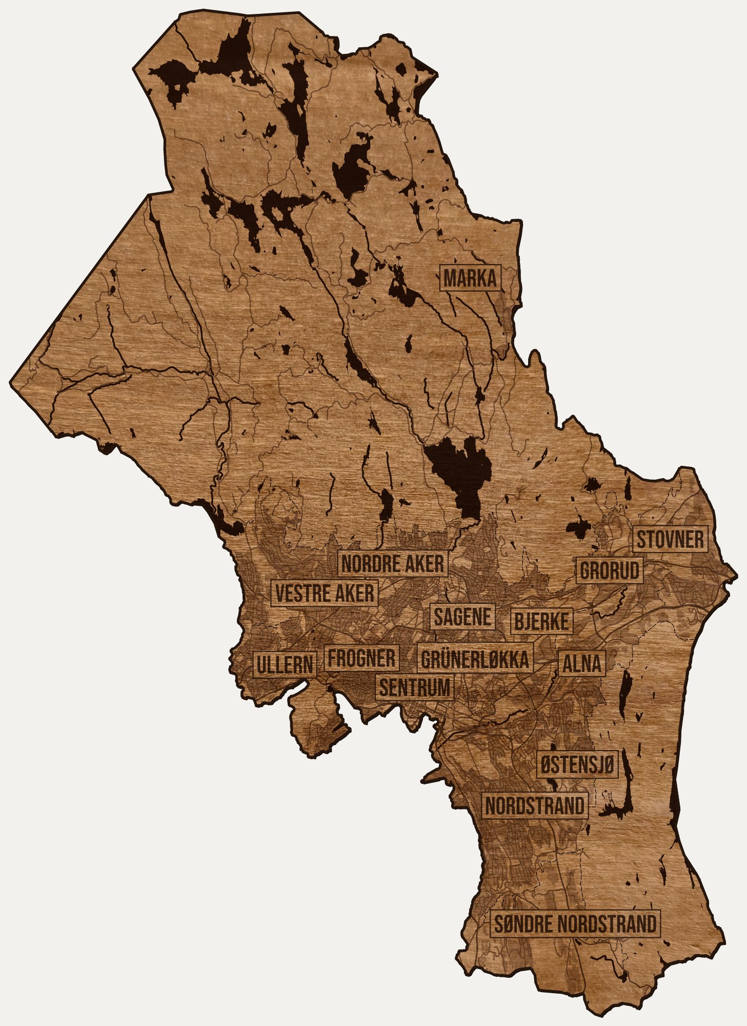 Drewniana mapa Oslo na ścianę z jednego kawałka, granice dzielnic wygrawerowane