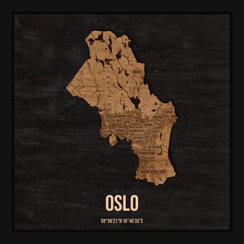 Drewniana mapa Oslo w ramce 25×25: kontur miasta na czarnej płycie, ulice, zabudowa, rzeki, granice i nazwy dzielnic