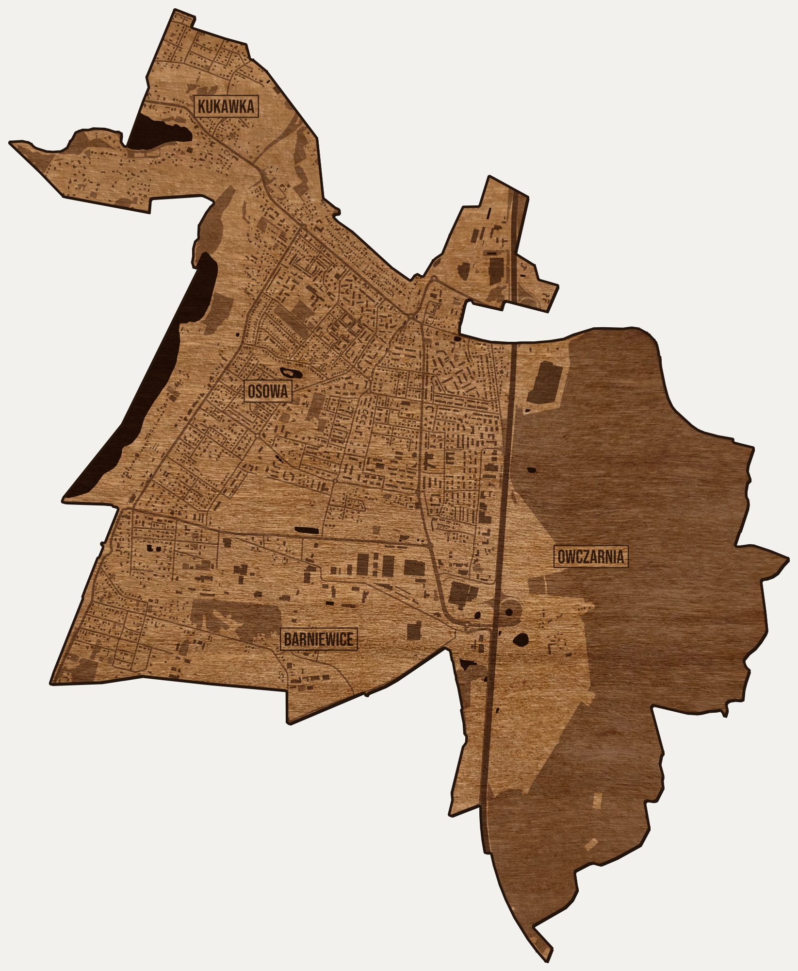 Drewniana mapa dzielnicy Osowa (Gdańsk) na ścianę z jednego kawałka, granice osiedli wygrawerowane