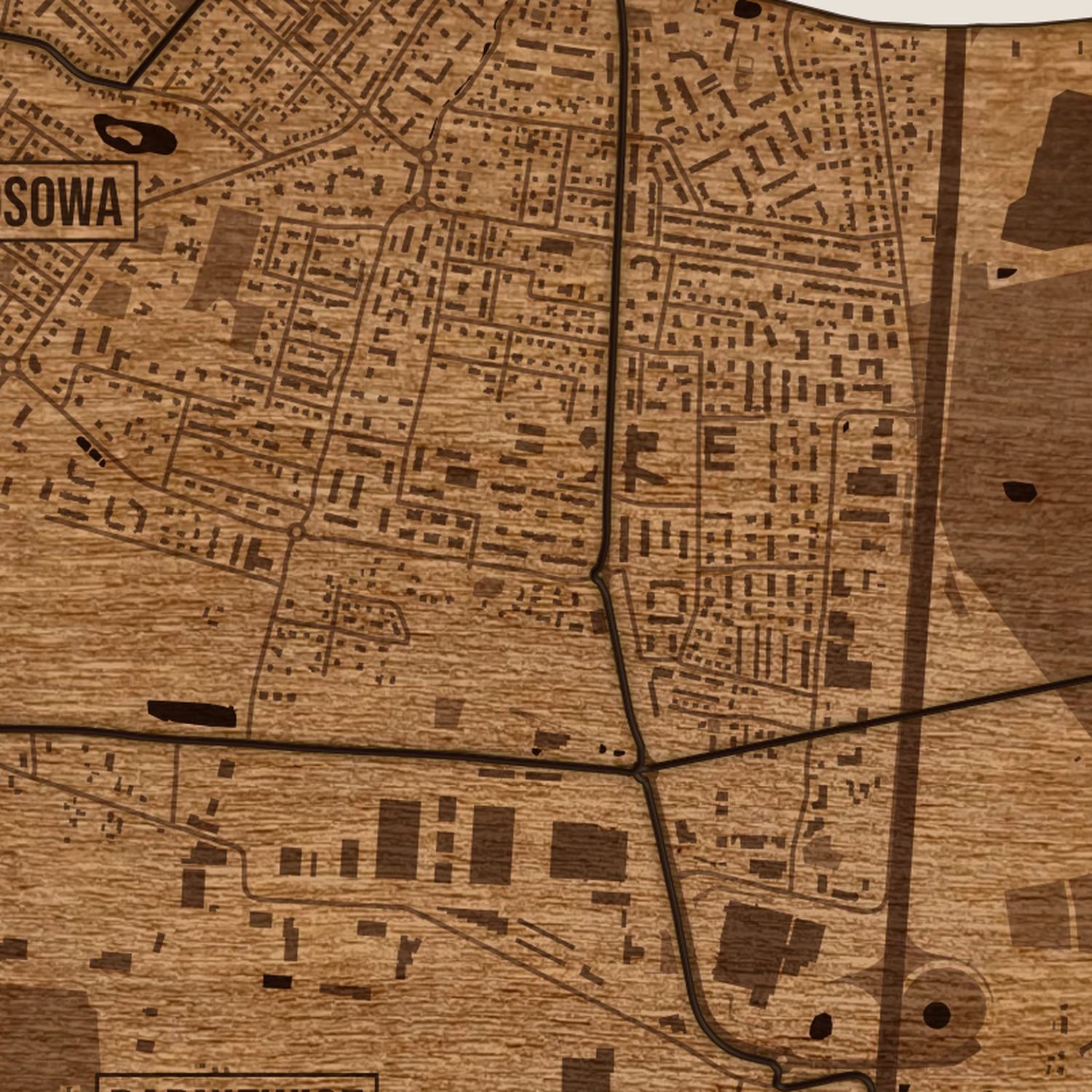 Osowa (Gdańsk) - zbliżenie na grawer drewnianej mapy