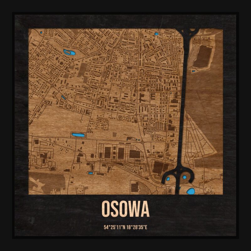 Osowa (Gdańsk) - drewniana mapa dzielnicy z siatką ulic w ramce