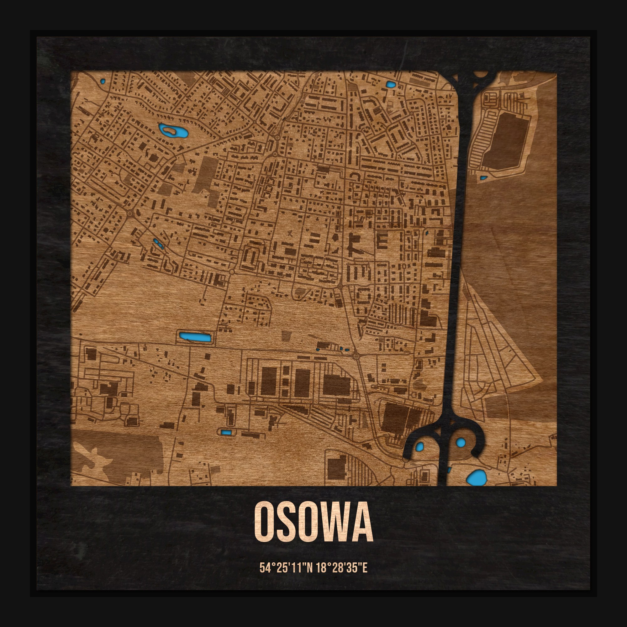Osowa (Gdańsk) - drewniana mapa dzielnicy z siatką ulic w ramce