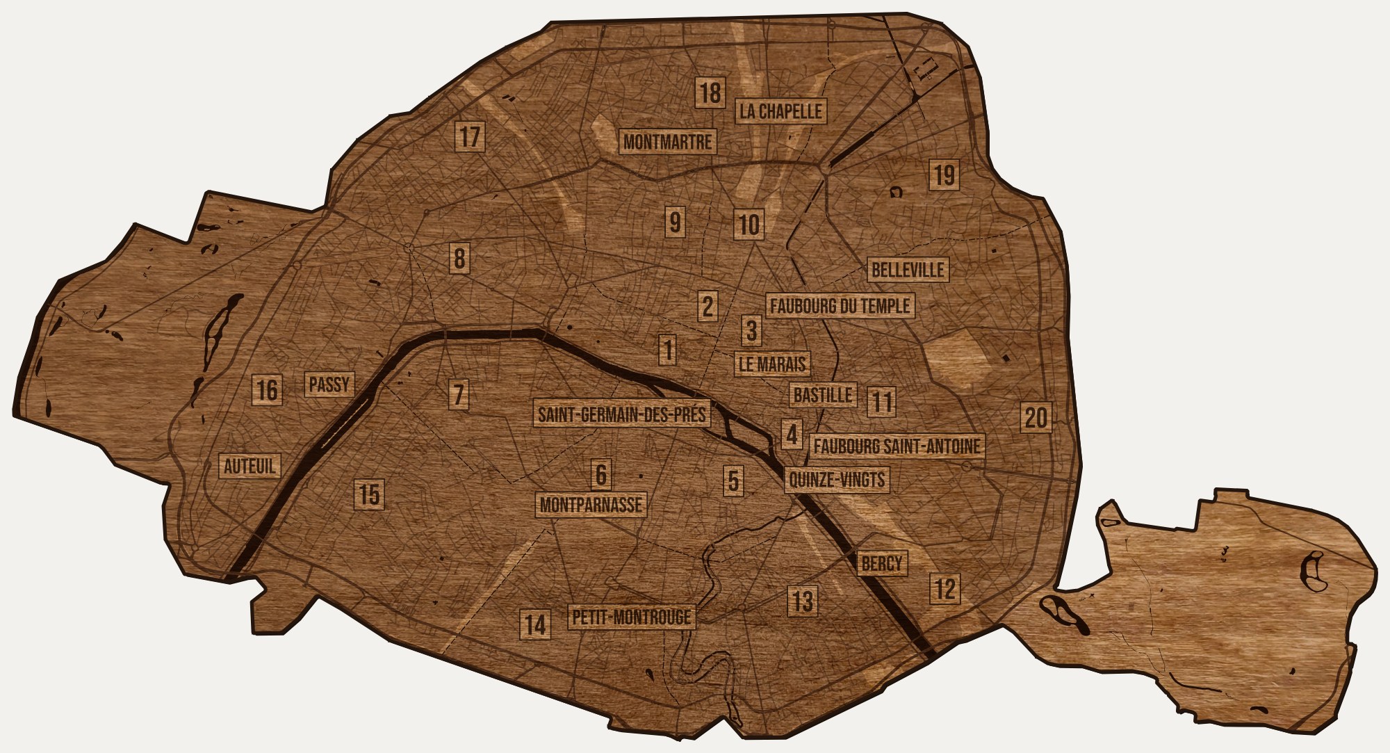 Drewniana mapa Paryża na ścianę z jednego kawałka, granice dzielnic wygrawerowane