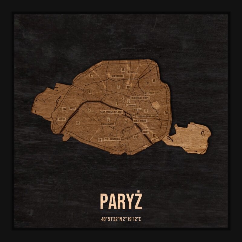 Drewniana mapa Paryża w ramce 25×25: kontur miasta na czarnej płycie, ulice, zabudowa, rzeki, granice i nazwy dzielnic