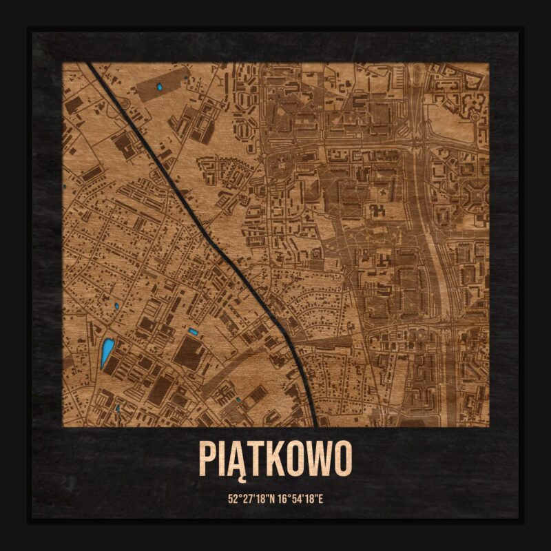 Piątkowo (Poznań) - drewniana mapa dzielnicy z siatką ulic w ramce