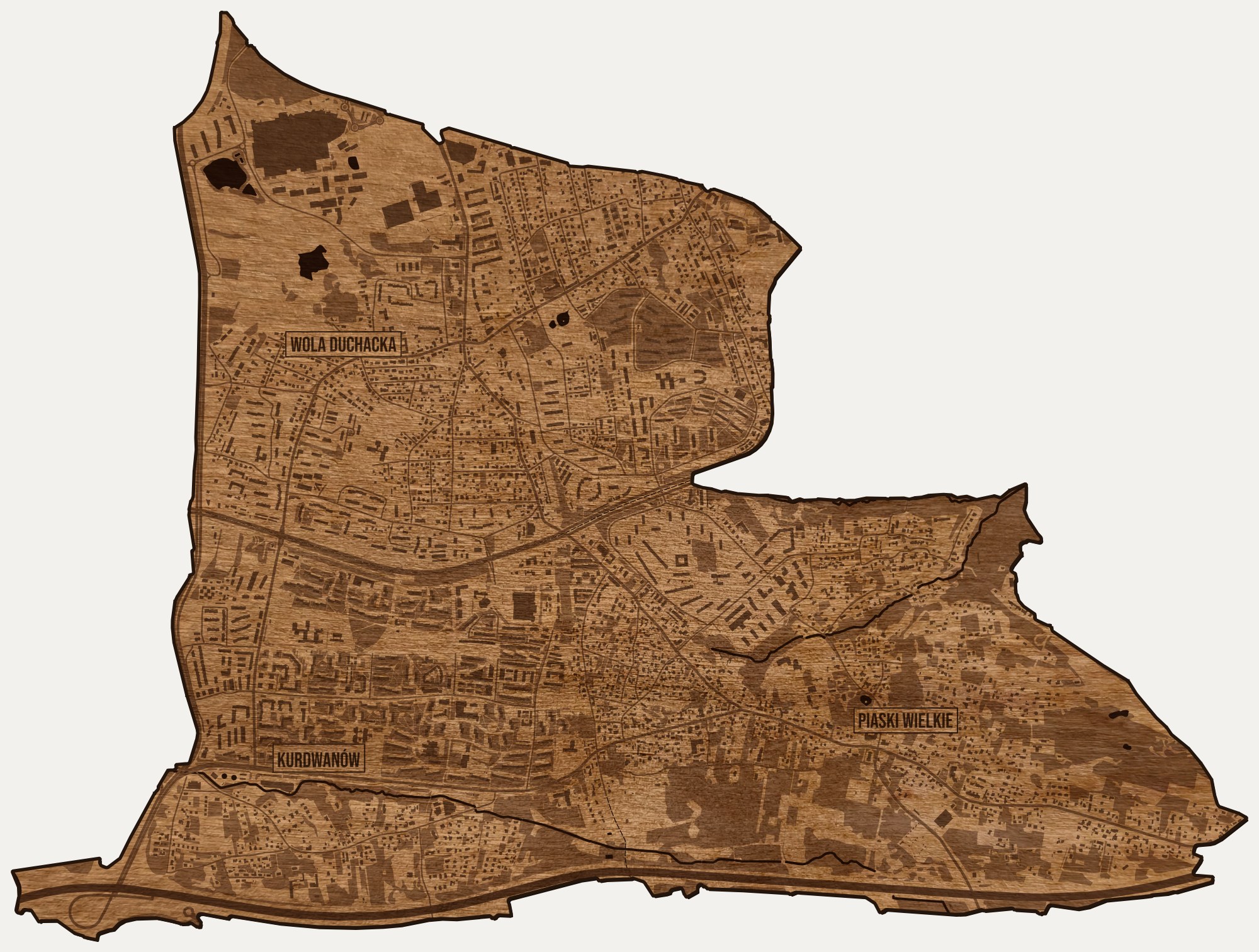 Drewniana mapa dzielnicy Podgórze Duchackie (Kraków) na ścianę z jednego kawałka, granice osiedli wygrawerowane