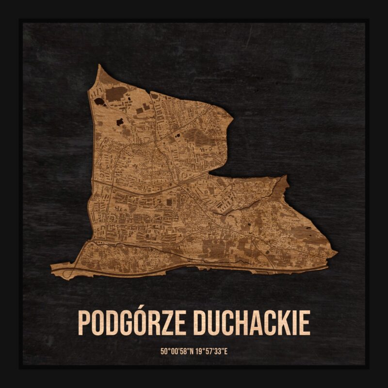 Drewniana mapa dzielnicy Podgórze Duchackie w ramce 25×25: kontur dzielnicy na czarnej płycie, ulice, budynki, zieleń i woda