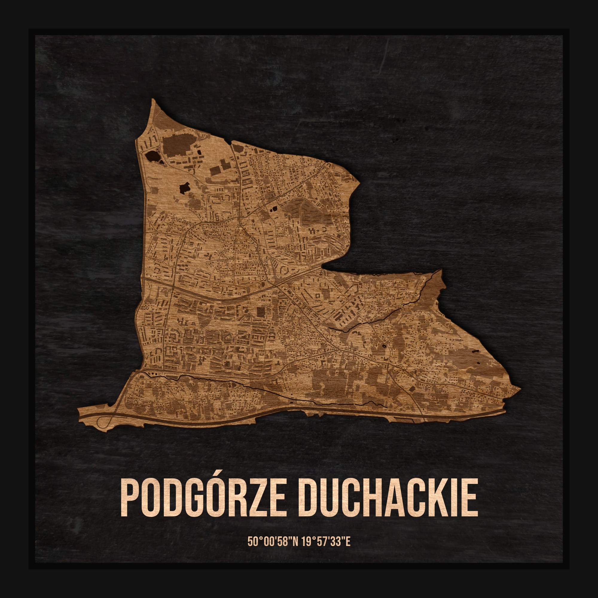 Drewniana mapa dzielnicy Podgórze Duchackie w ramce 25×25: kontur dzielnicy na czarnej płycie, ulice, budynki, zieleń i woda