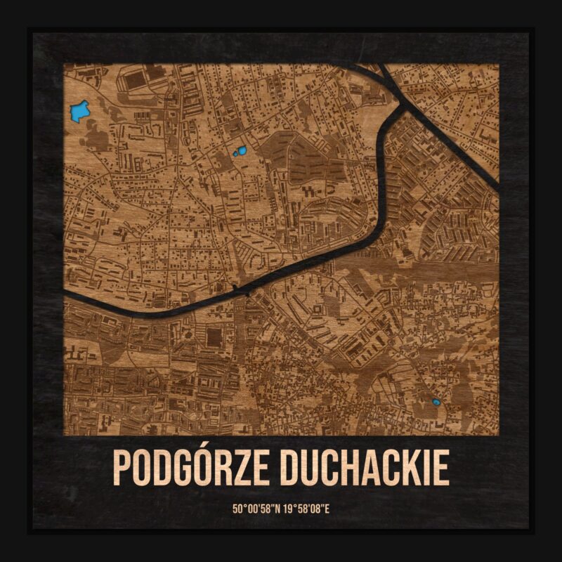 Podgórze Duchackie (Kraków) - drewniana mapa dzielnicy z siatką ulic w ramce