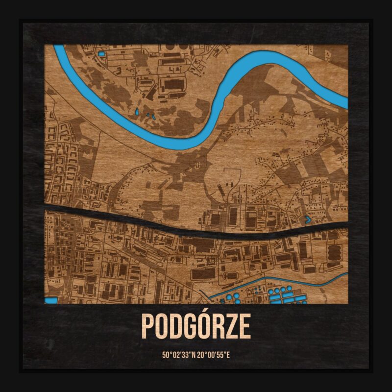 Podgórze (Kraków) - drewniana mapa dzielnicy z siatką ulic w ramce