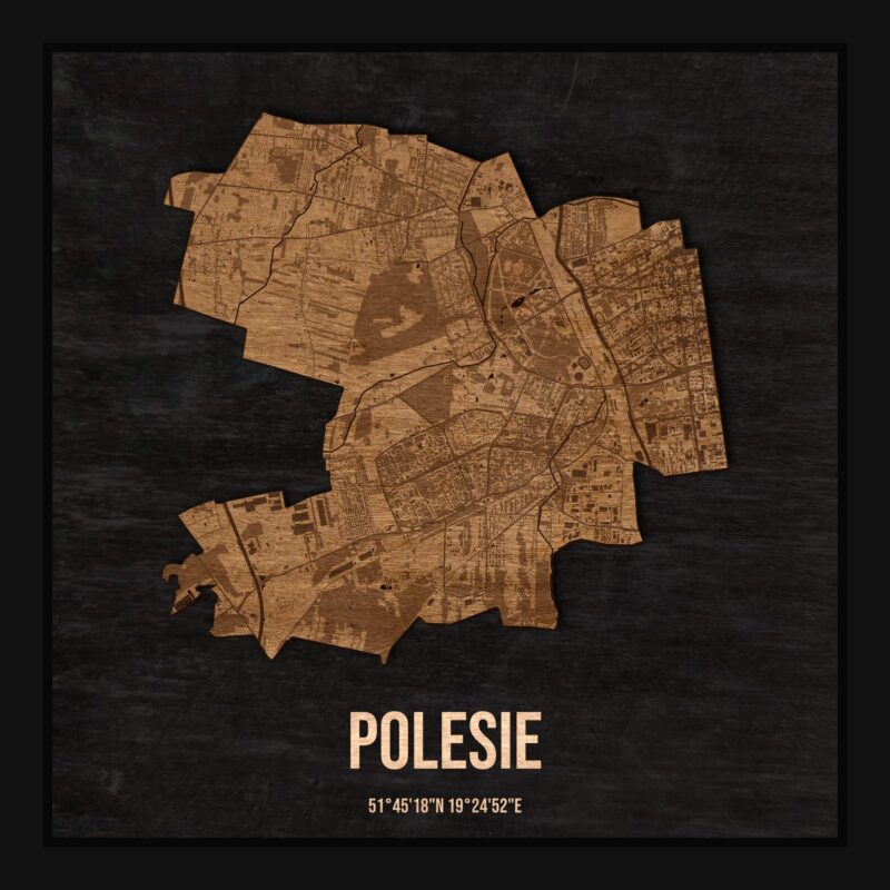 Drewniana mapa dzielnicy Polesie w ramce 25×25: kontur dzielnicy na czarnej płycie, ulice, budynki, zieleń i woda