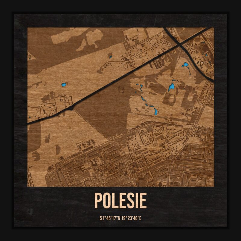 Polesie (Łódź) - drewniana mapa dzielnicy z siatką ulic w ramce